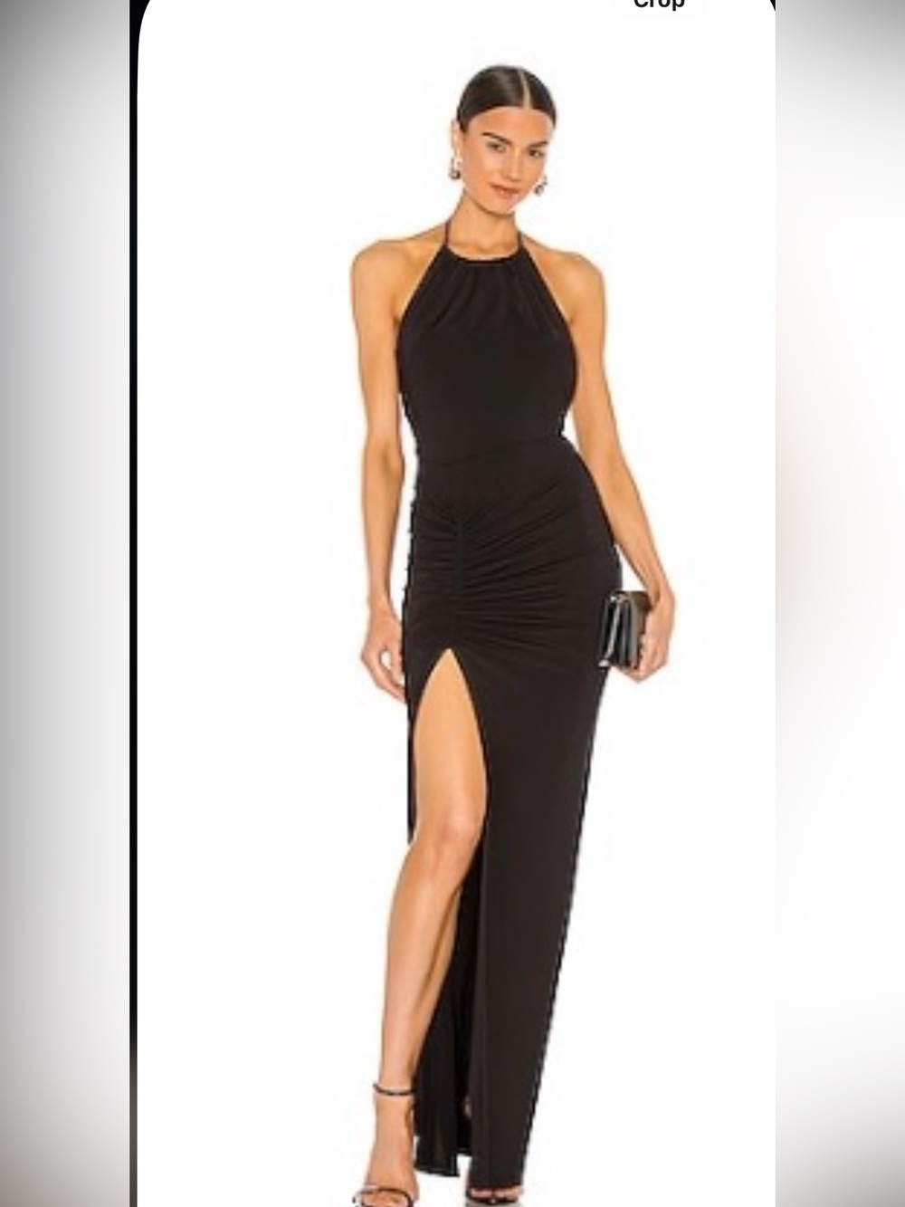 Michael Costello Black Halter Ruched Maxi Dress with Thigh Slit